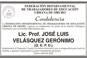 Condolencia por el fallecimiento del Lic. Prof. José Luis Velásquez Gerónimo