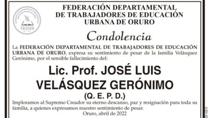Condolencia por el fallecimiento del Lic. Prof. José Luis Velásquez Gerónimo