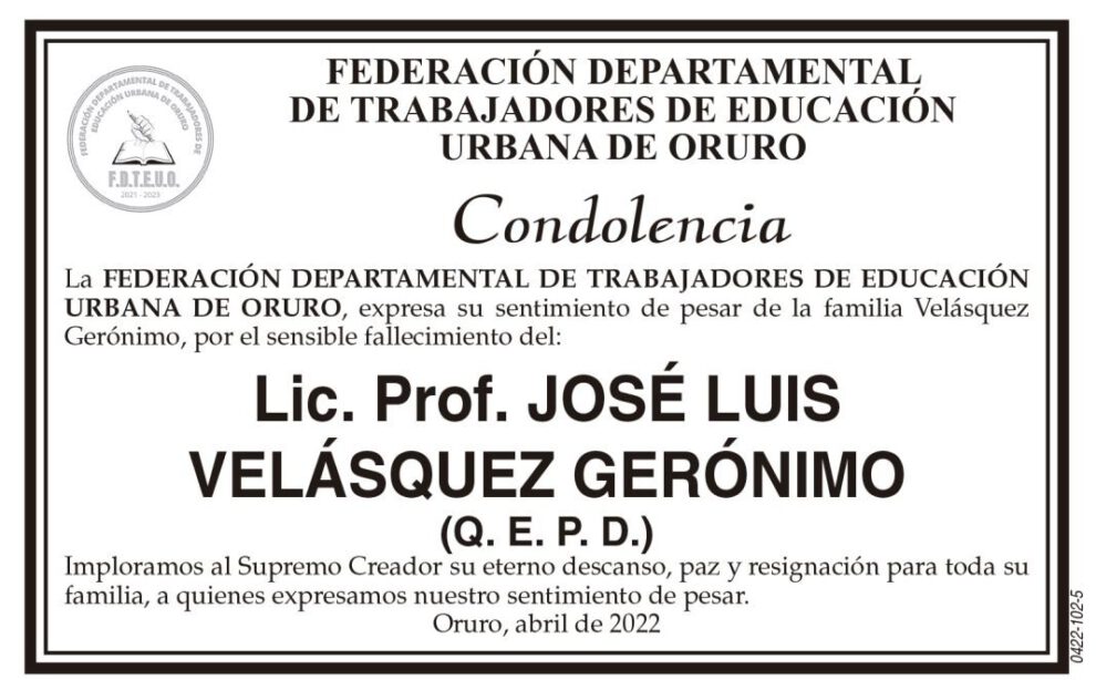 Condolencia por el fallecimiento del Lic. Prof. José Luis Velásquez Gerónimo