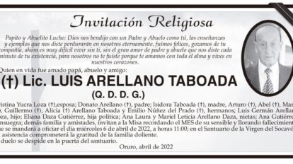 Invitación Religiosa para Lic. Luis Arellano Taboada