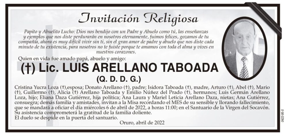 Invitación Religiosa para Lic. Luis Arellano Taboada