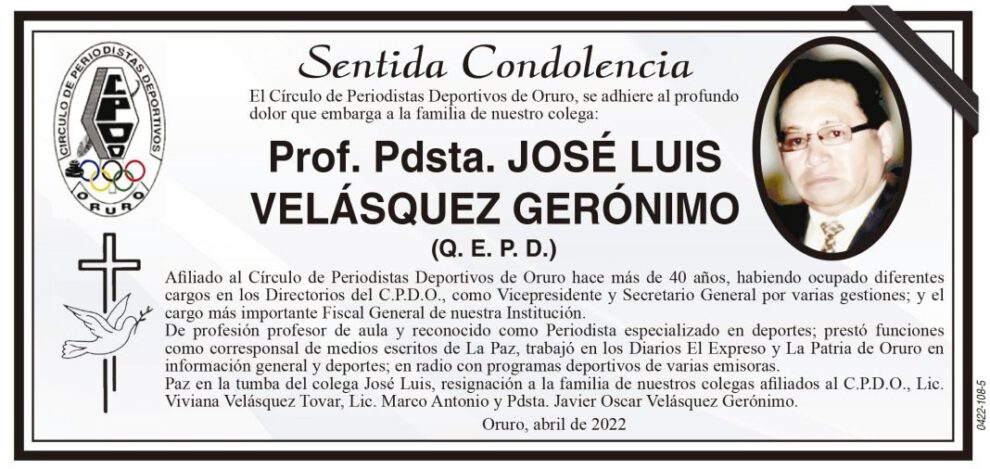 Condolencias por la muerte de José Luis Velásquez Gerónimo