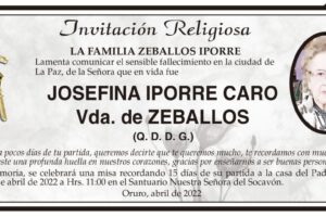 Invitación Religiosa: Josefina Iporre Caro Vda. de Zeballos