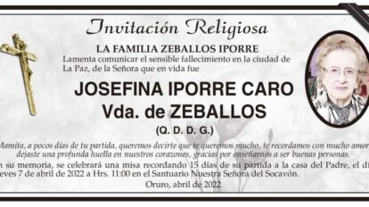 Invitación Religiosa: Josefina Iporre Caro Vda. de Zeballos