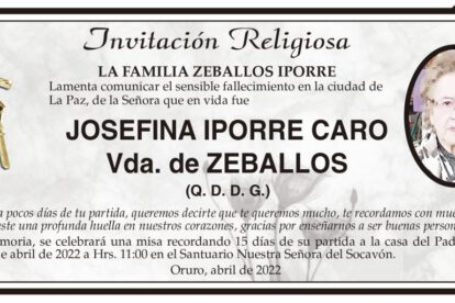 Invitación Religiosa: Josefina Iporre Caro Vda. de Zeballos