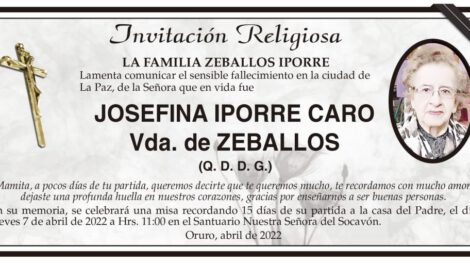 Invitación Religiosa: Josefina Iporre Caro Vda. de Zeballos