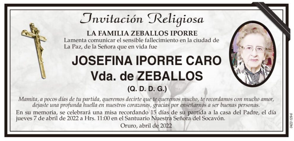 Invitación Religiosa: Josefina Iporre Caro Vda. de Zeballos