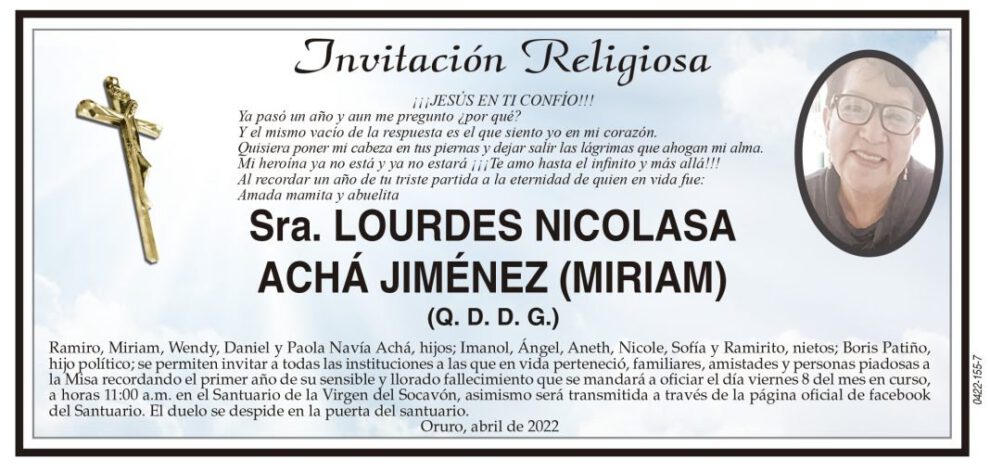 Invitación Religiosa para Lourdes Nicolasa Nachá Jiménez
