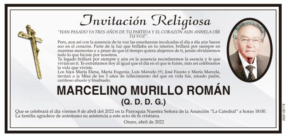 Invitación Religiosa a la Misa de MARCELINO MURILLO ROMÁN