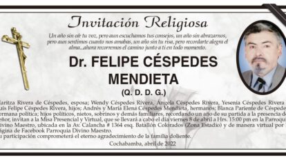Invitación Religiosa en memoria del Dr. Felipe Céspedes Mendieta