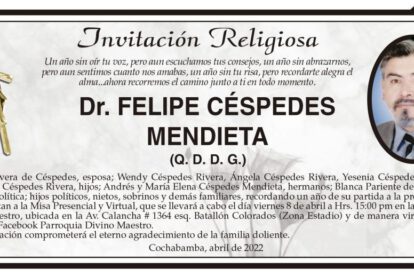 Invitación Religiosa en memoria del Dr. Felipe Céspedes Mendieta