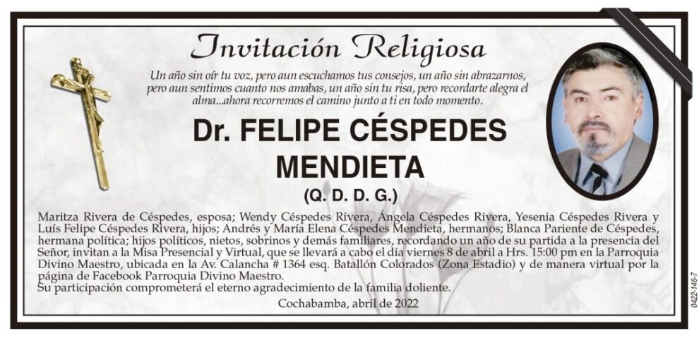 Invitación Religiosa en memoria del Dr. Felipe Céspedes Mendieta