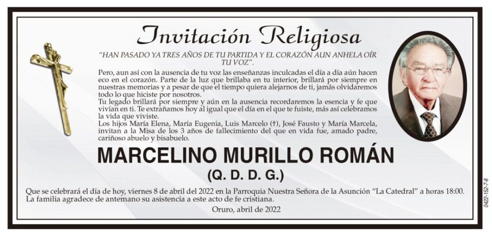 Invitación Religiosa a la Misa de Marcelino Murillo Román