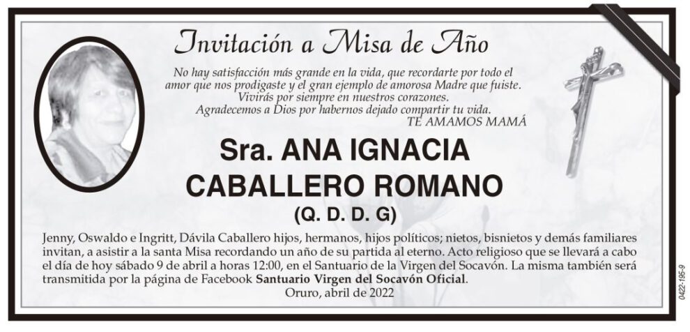 Misa de Año en memoria de Ana Ignacia Caballero Romano