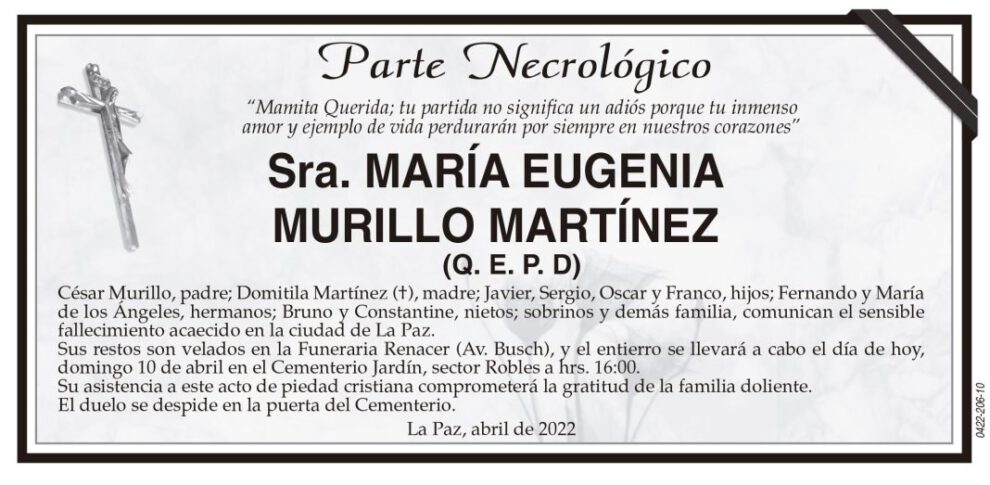 Parte Necrológico de María Eugenia Murillo Martínez