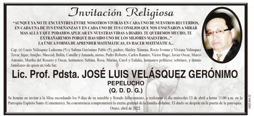Lic. Prof. Pdsta. José Luis Velásquez Gerónimo en la invitación religiosa