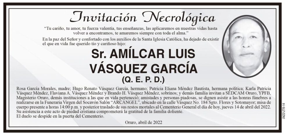Invitación necrológica de Amílcar Luis Vásquez García