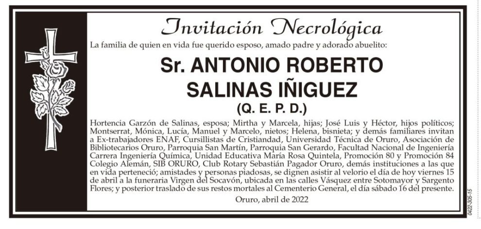 Invitación Necrológica: Sr. Antonio Roberto Salinas Iñiguez