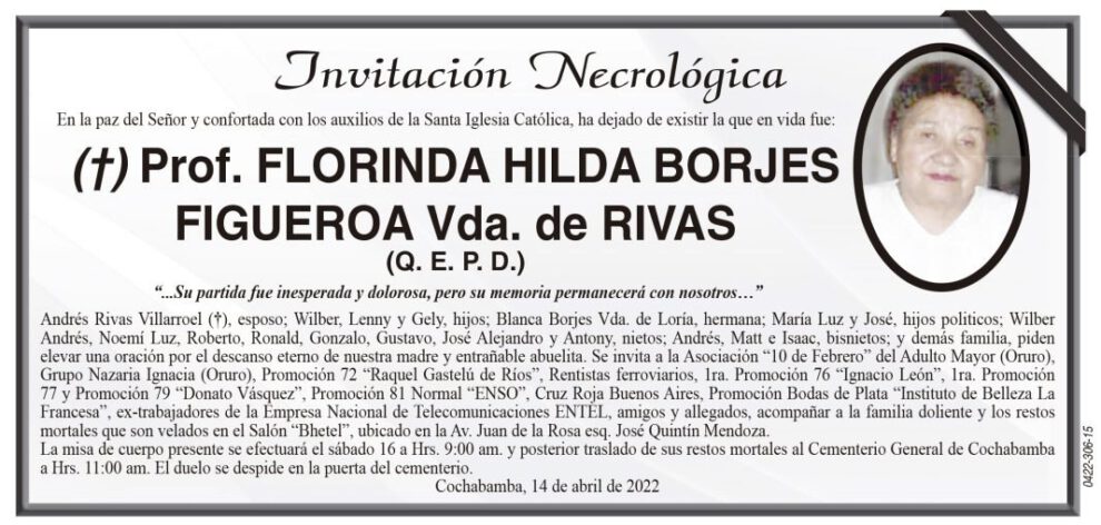 Invitación Necrológica de Prof. Florinda Hilda Borjes Figueroa