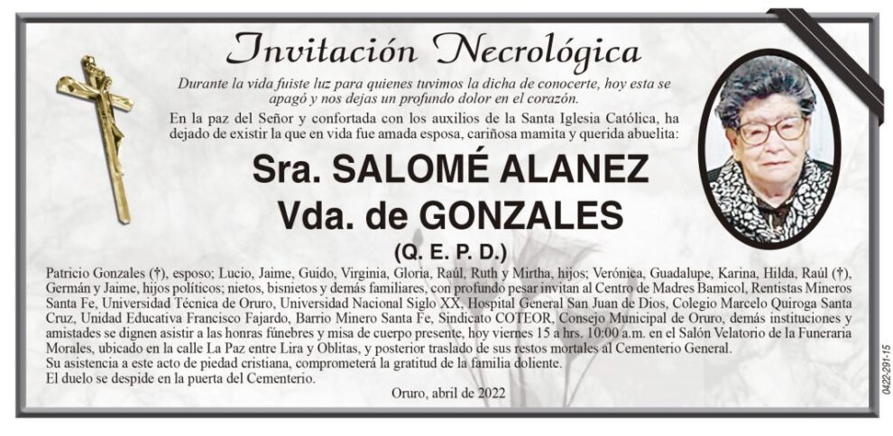 Invitación Necrológica de Salomé Alanez Vda. de Gonzales