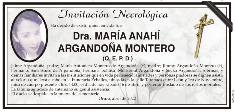 Dra. María Anahí Argandoña Montero (Q. E. P. D.)