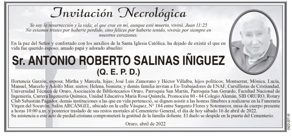 Invitación Necrológica: Antonio Roberto Salinas Iñiguez