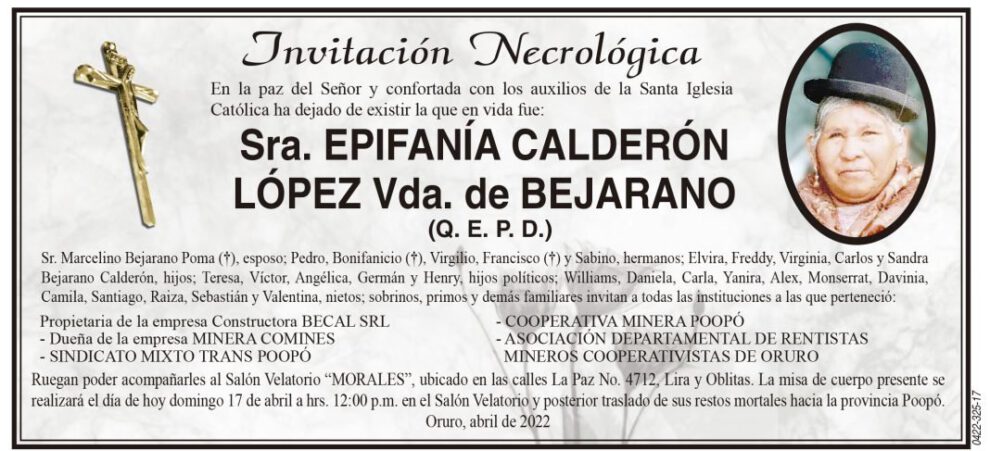 Epifanía Calderón López, invitación necrológica