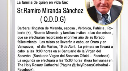 Invitación Religiosa: Sr. Ramiro Miranda Sánchez