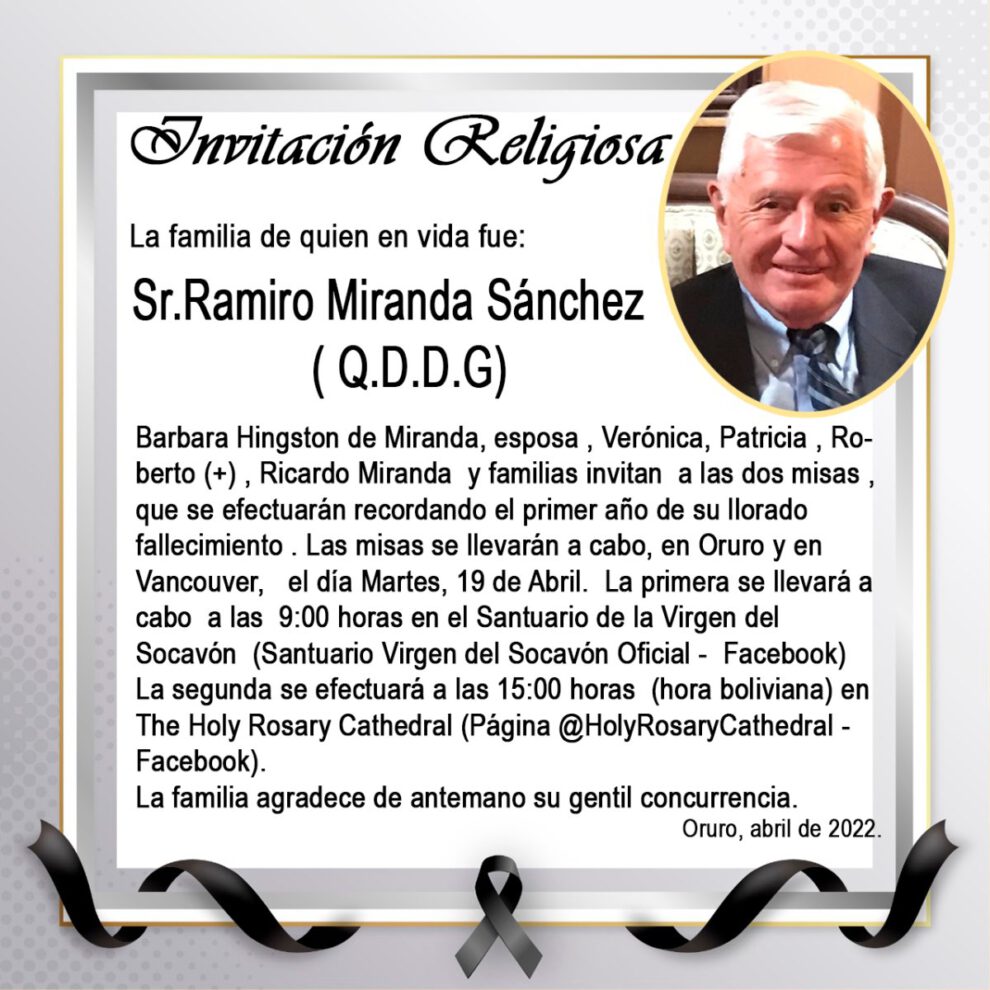 Invitación Religiosa: Sr. Ramiro Miranda Sánchez
