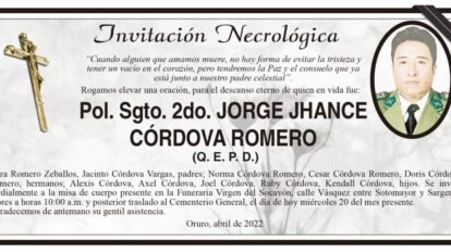 Invitación Necrológica: Pol. Sgto. 2do. JORGE JHANCE CÓRDOVA ROMERO
