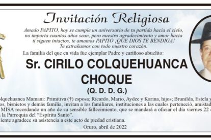 Invitación Religiosa: Sr. Cirilo Colquehuanca Choque