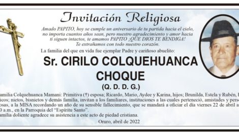 Invitación Religiosa: Sr. Cirilo Colquehuanca Choque