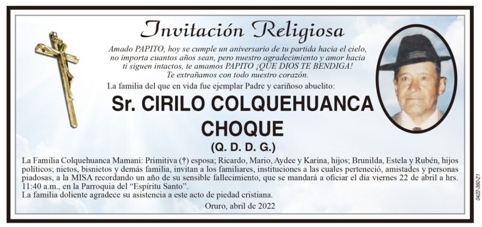 Invitación Religiosa: Sr. Cirilo Colquehuanca Choque