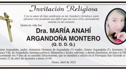 Invitación Religiosa para Dra. María Anahí Argandoña Montero