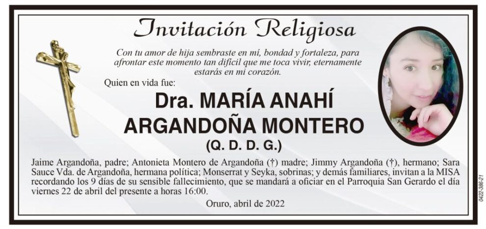 Invitación Religiosa para Dra. María Anahí Argandoña Montero