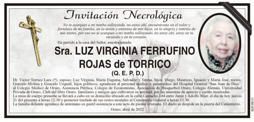 Necrológica Luz Virginia Ferrufino Rojas