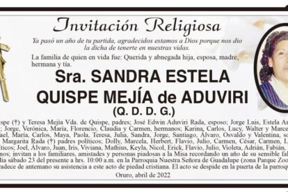 Invitación Religiosa en memoria de Sandra Estela Quispe Mejía
