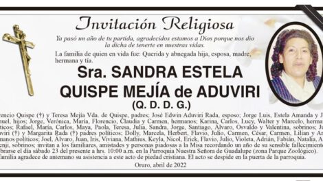 Invitación Religiosa en memoria de Sandra Estela Quispe Mejía