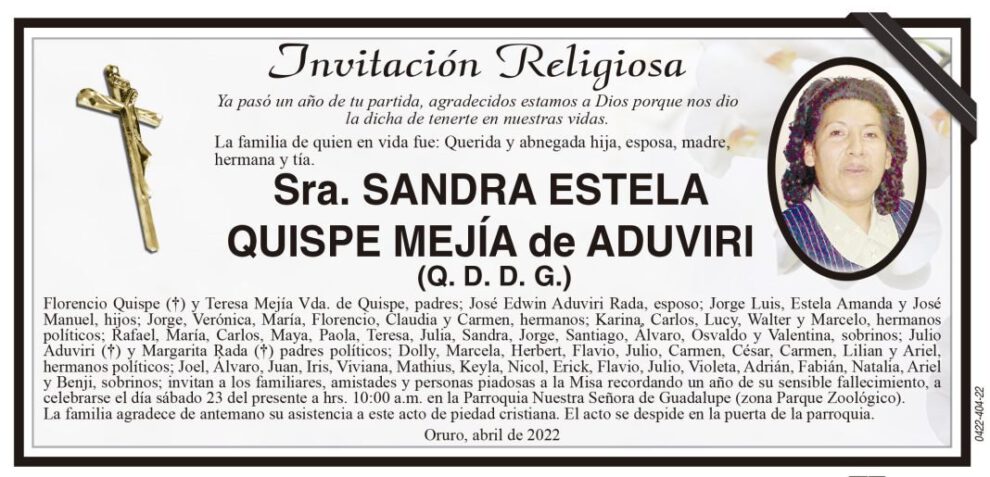 Invitación Religiosa en memoria de Sandra Estela Quispe Mejía