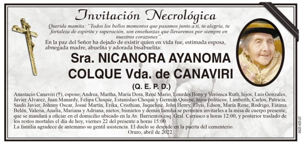 Invitación Necrológica de Nicanora Ayanoma Colque