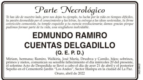 Necrológico de Edmundo Ramiro Cuentas Delgadillo