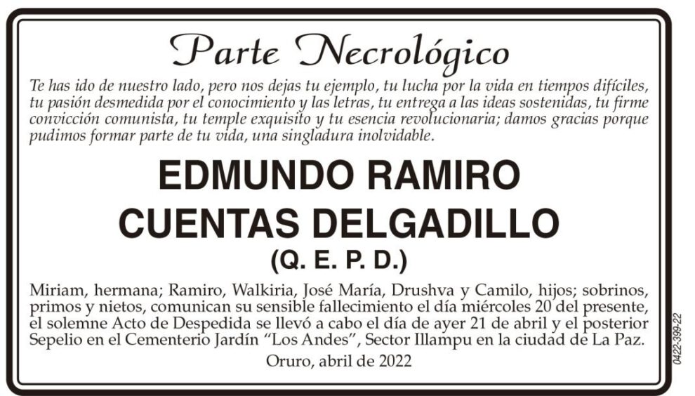 Necrológico de Edmundo Ramiro Cuentas Delgadillo