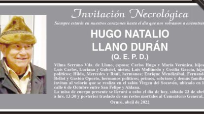 Invitación Necrológica de Hugo Natalio Llano Durán
