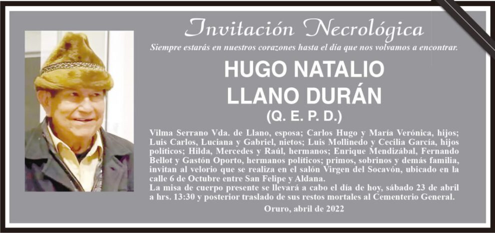 Invitación Necrológica de Hugo Natalio Llano Durán