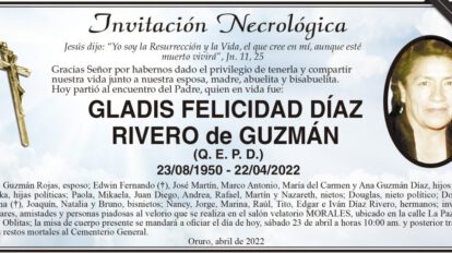 Invitación Necrológica de Gladis Felicidad Díaz Rivero