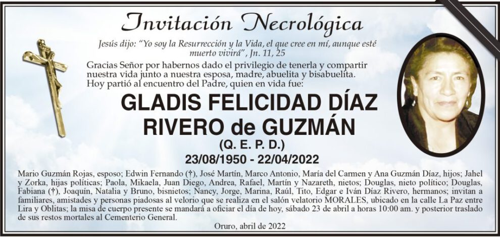 Invitación Necrológica de Gladis Felicidad Díaz Rivero