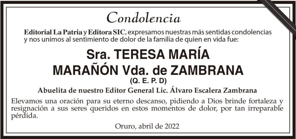 Condolencias por la Sra. Teresa María Marañón