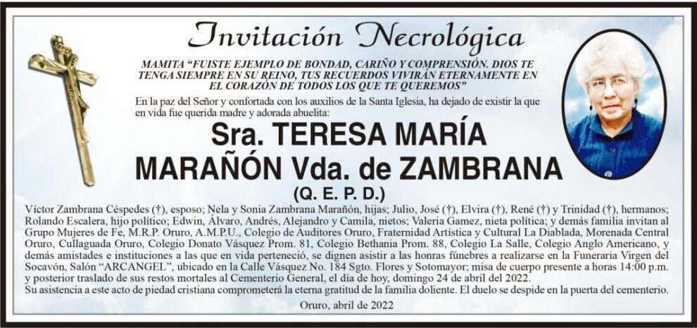Invitación Necrológica de Teresa María Marañón