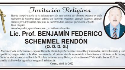 Lic. Prof. BENJAMÍN FEDERICO SCHEMMEL RENDÓN en la invitación religiosa