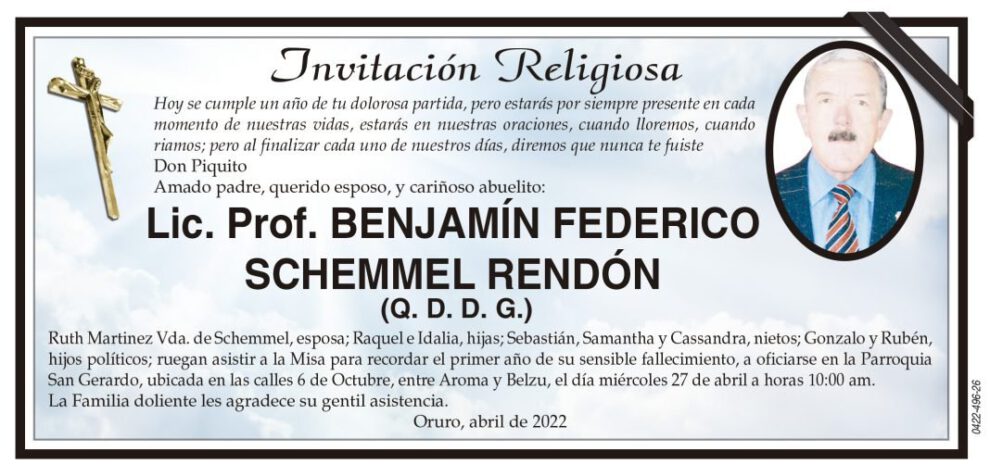 Lic. Prof. BENJAMÍN FEDERICO SCHEMMEL RENDÓN en la invitación religiosa
